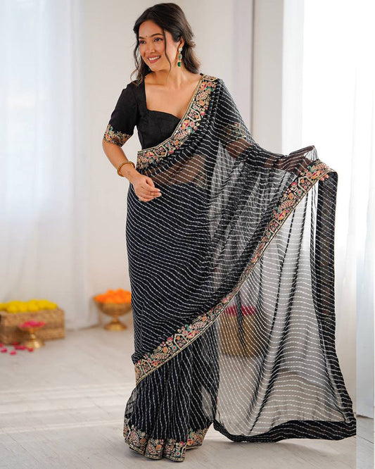 Black Color Faux Georgette Bandhej Print Saree