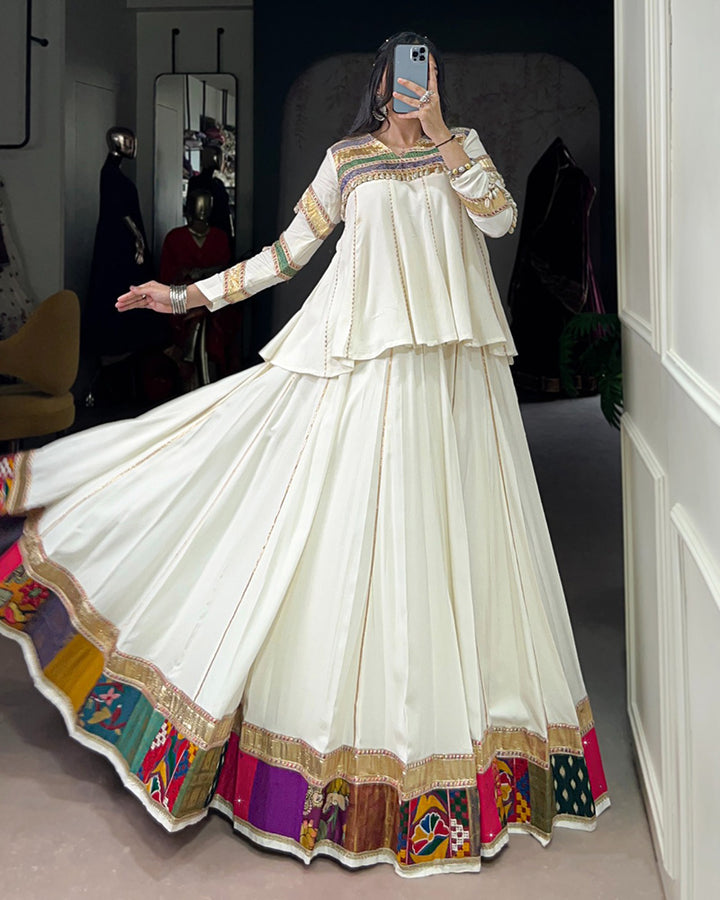 Traditional White Flared Choli With Multicolor Gamthi Border