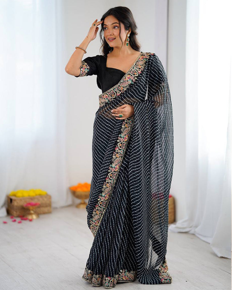 Black Color Faux Georgette Bandhej Print Saree