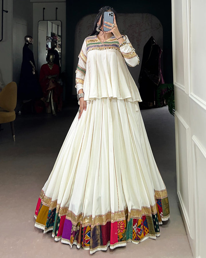 Traditional White Flared Choli With Multicolor Gamthi Border