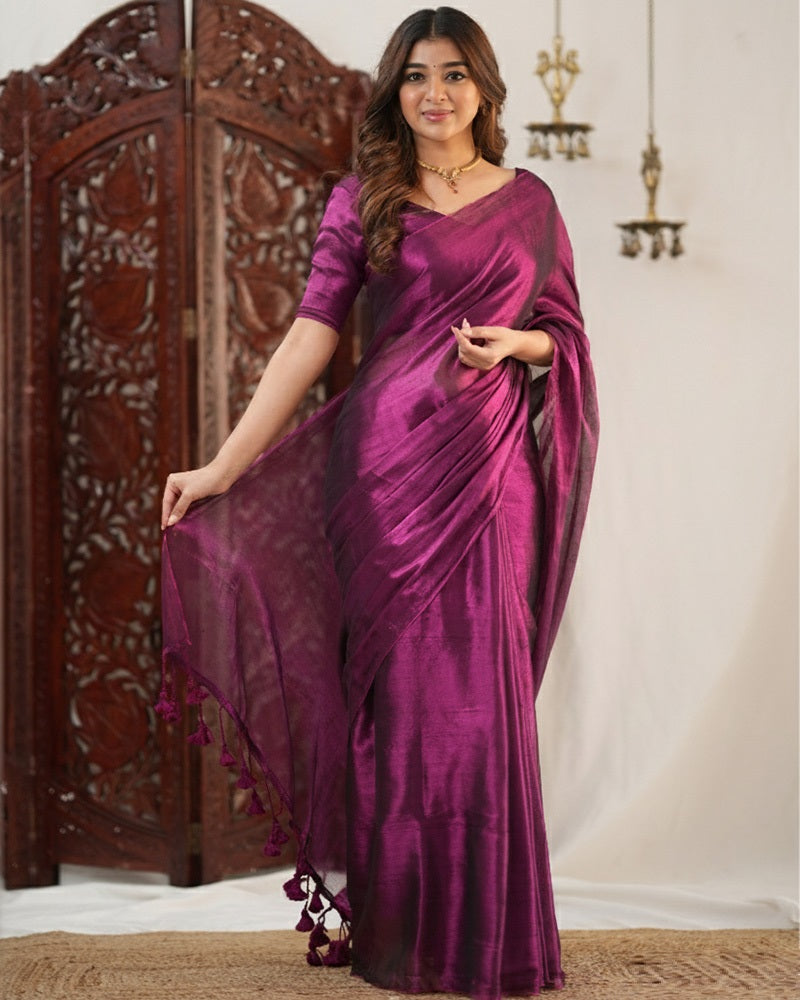Wine Color Handloom Raga Tissue Cotton Saree