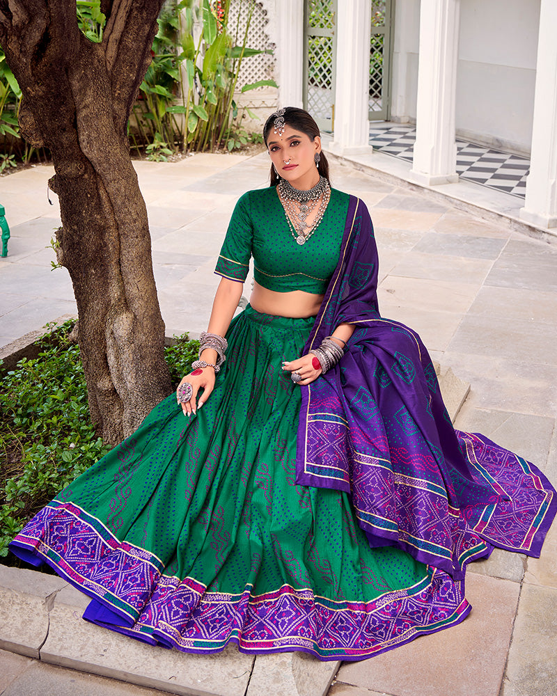 Vibrant Green Color Tasar Silk Navratri Lehenga Choli