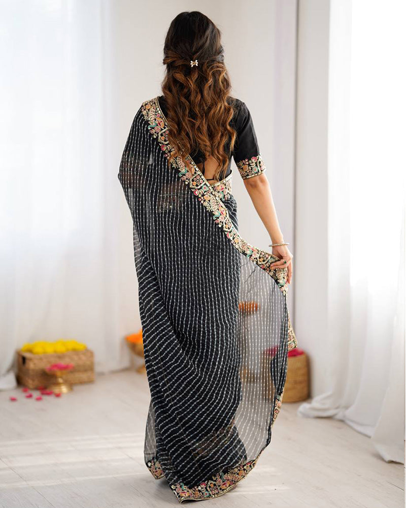 Black Color Faux Georgette Bandhej Print Saree