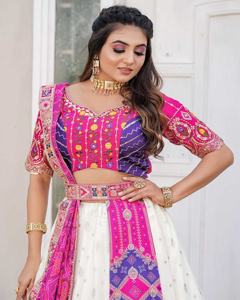 Off-White Color Jacquard Sequence Embroidered Wedding Lehenga Choli