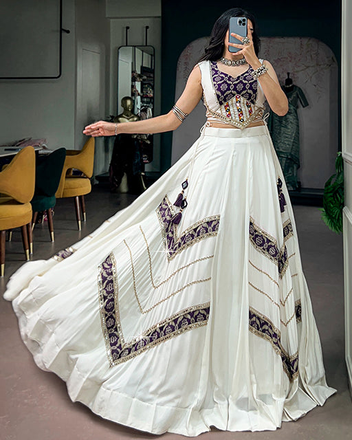 White Color Pure Rayon With Gamthi Work Navratri Lehenga Choli