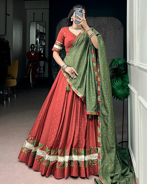 Rust Red Color Pure Chanderi Zari Weaving Navratri Lehenga Choli