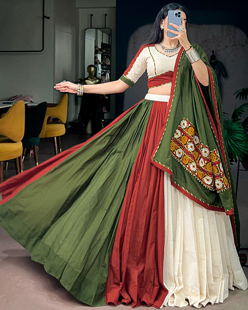 Traditional White And Maroon Color Cotton Navratri Lehenga  Set