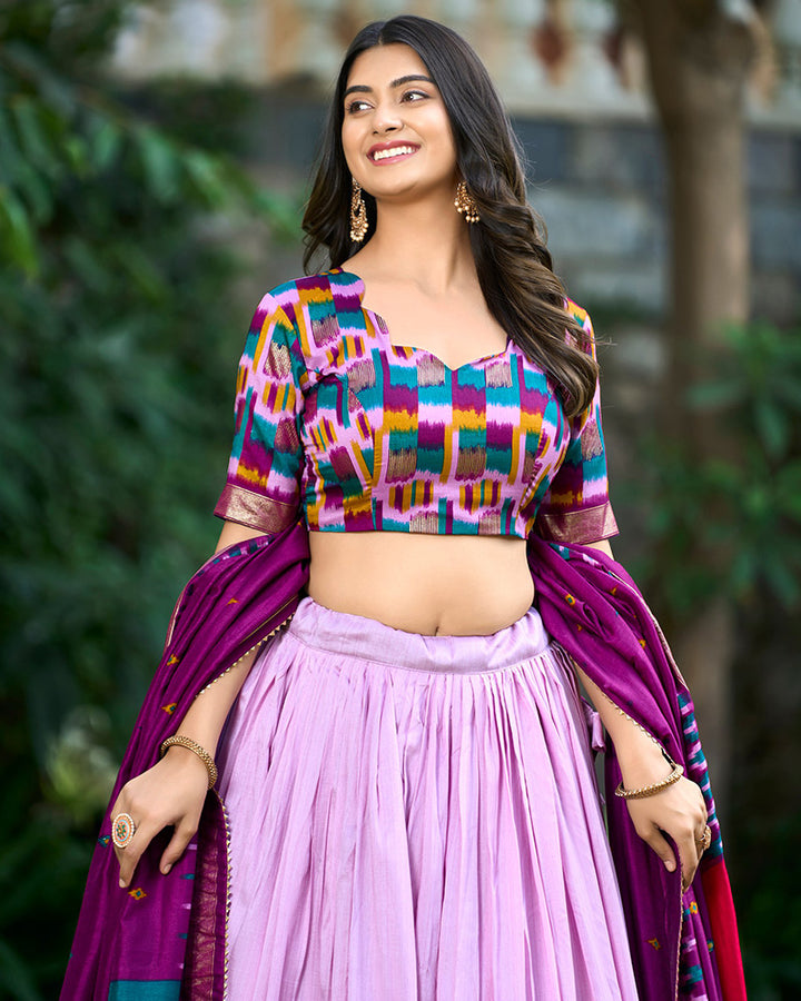 Light Purple Color Print With Foil Work Tussar Silk Lehenga Choli