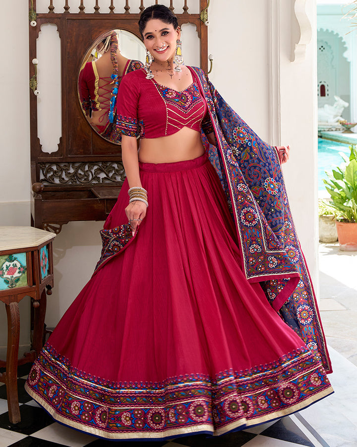Pink Color Tasar Silk Gamthi Printed Navratri Lehenga Choli