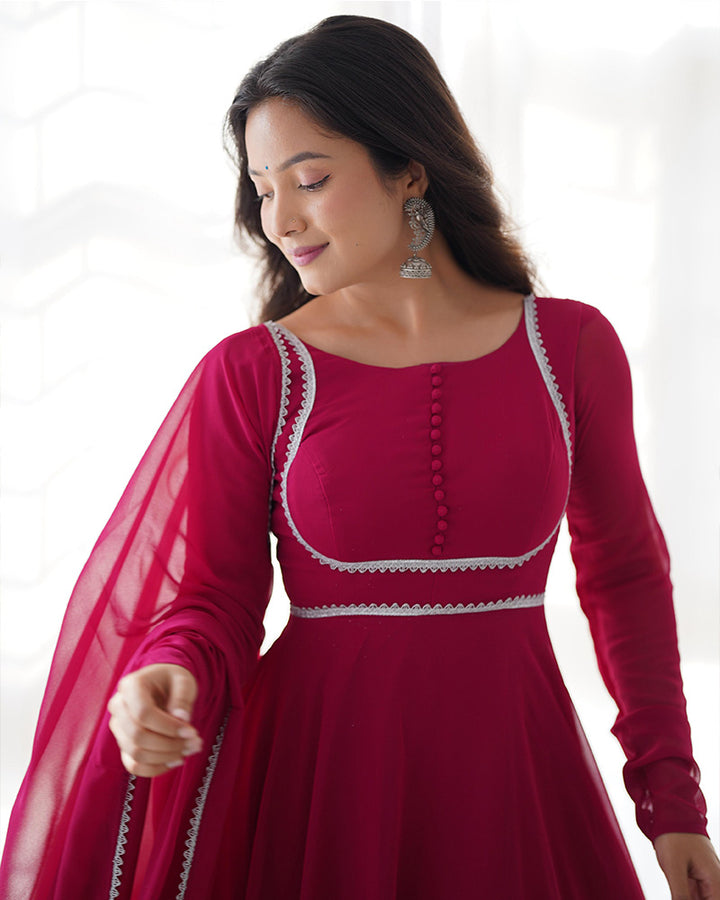 Rose Pink Color Georgette Anarkali With Pant And Dupatta
