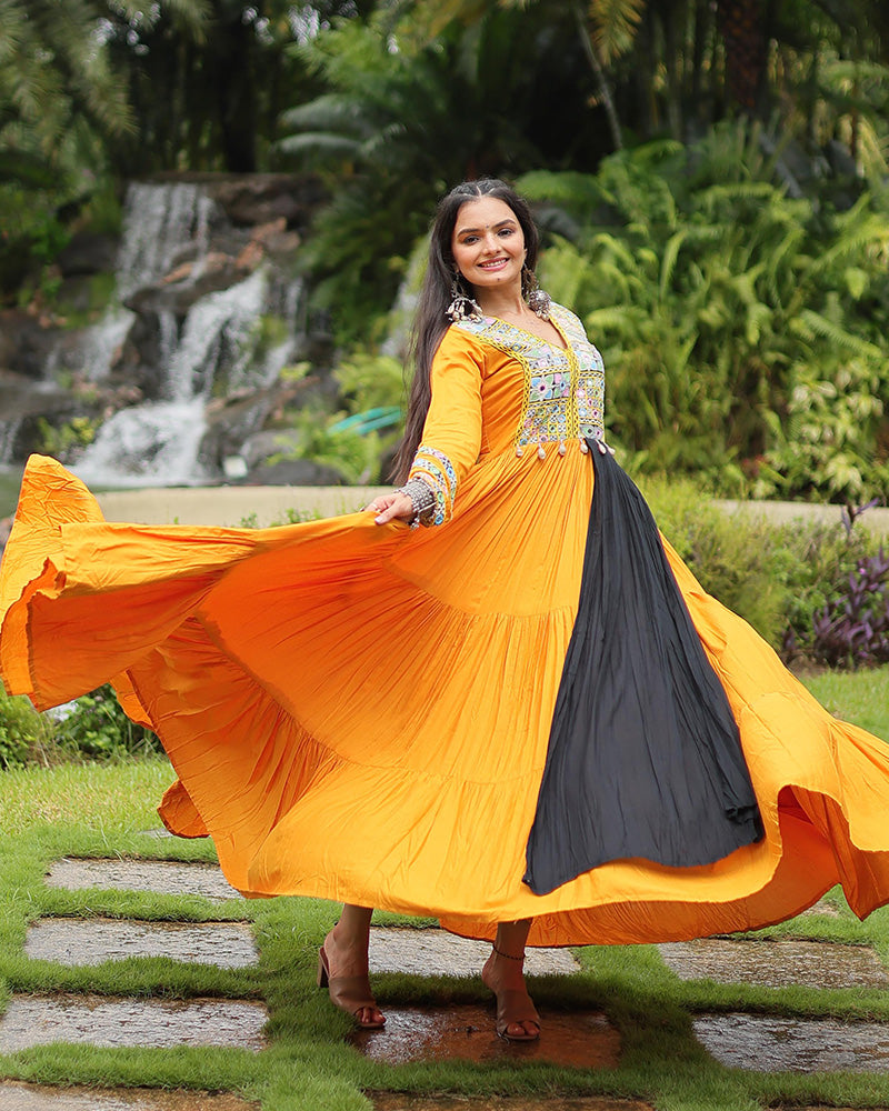Navratri Special Mustard Color Reyon Gamthi Style Gown