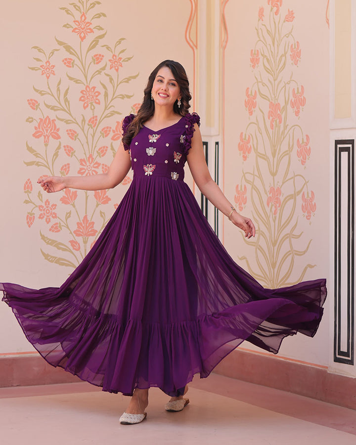Designer Wine Color Faux Blooming Embroidered work Gown