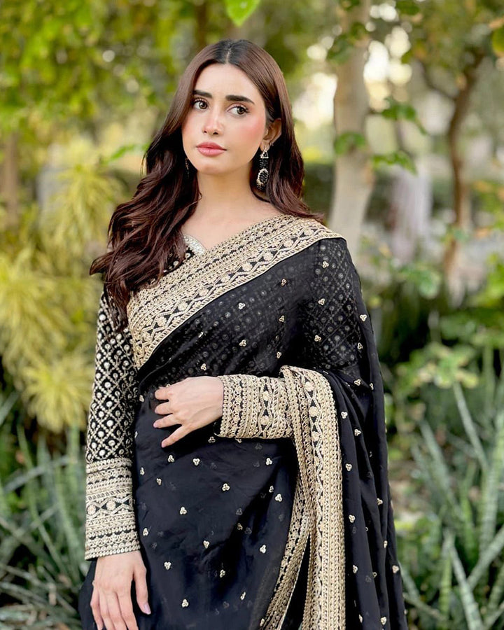 Black Color Tebby Silk Embroidered Saree