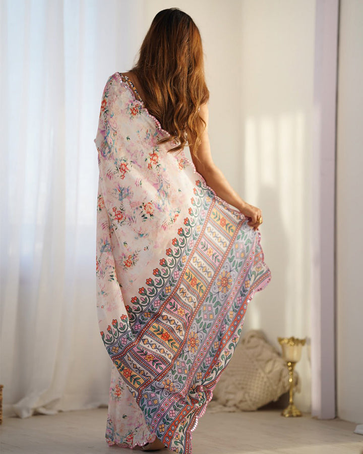 Light Peach Color Chinnon Silk Printed Saree