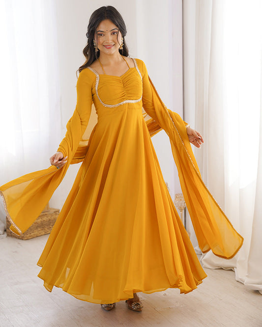 Yellow Color Pure Blooming Georgette Anarkali Gown