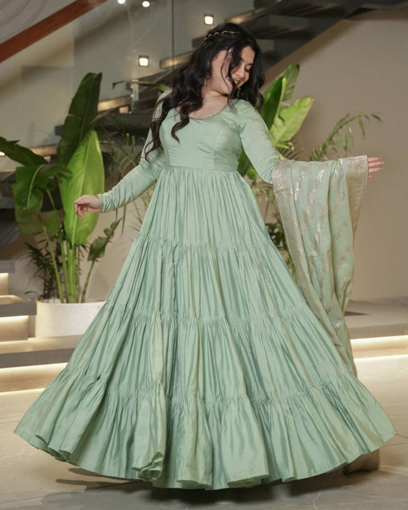 Pista Color Roman Chanderi Silk Ruffle Style Anarkali Suit