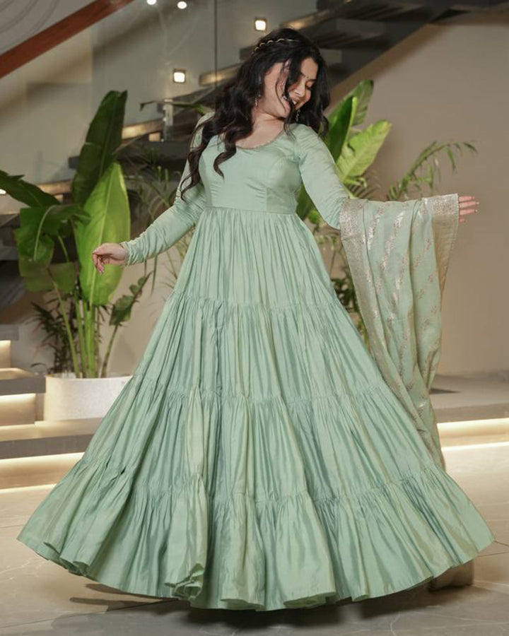 Pista Color Roman Chanderi Silk Ruffle Style Anarkali Suit