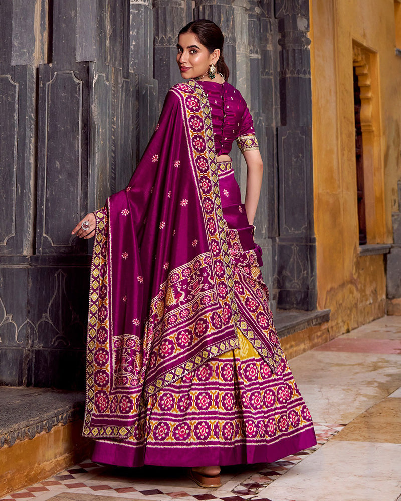 Yellow And Maroon Ikkat Printed Tasar Silk Lehenga Choli