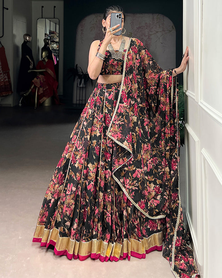 Black Color Chiffon Floral And Foil Printed Lehenga Choli