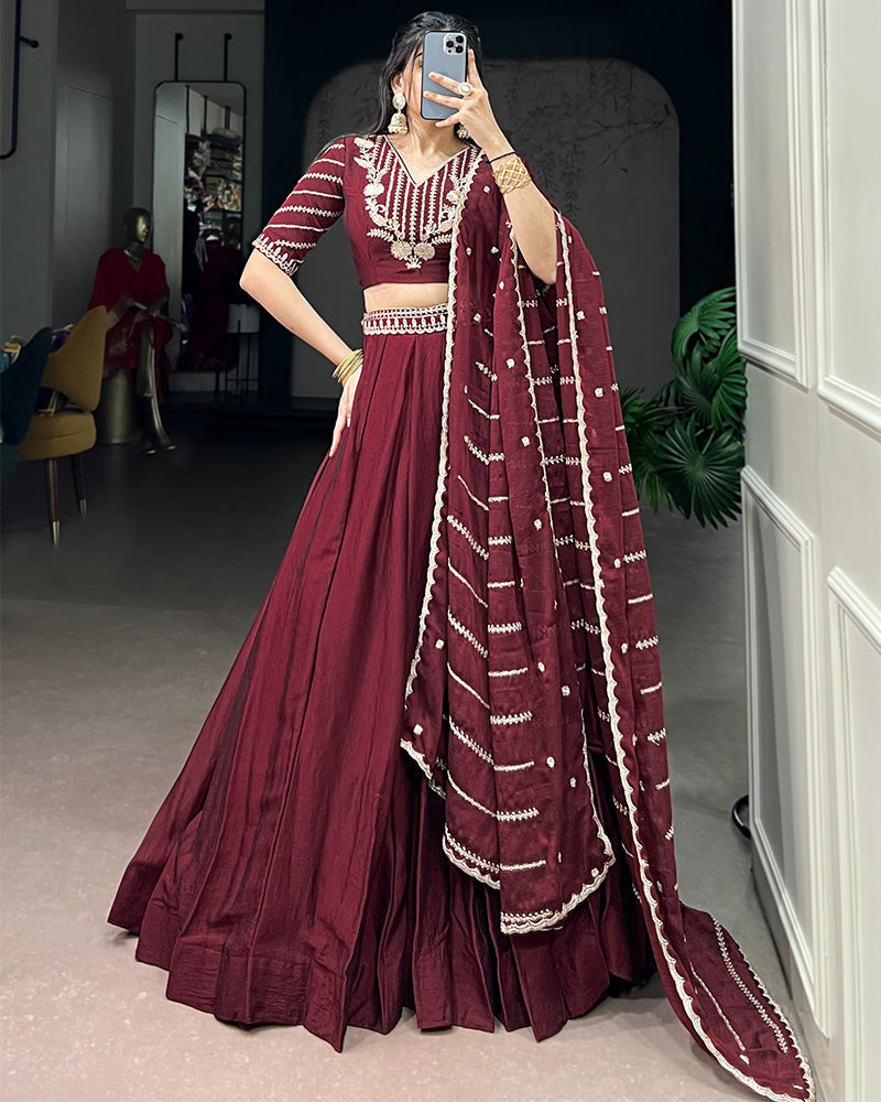 Maroon Color Rangoli Crush Embroidered Lehenga Choli