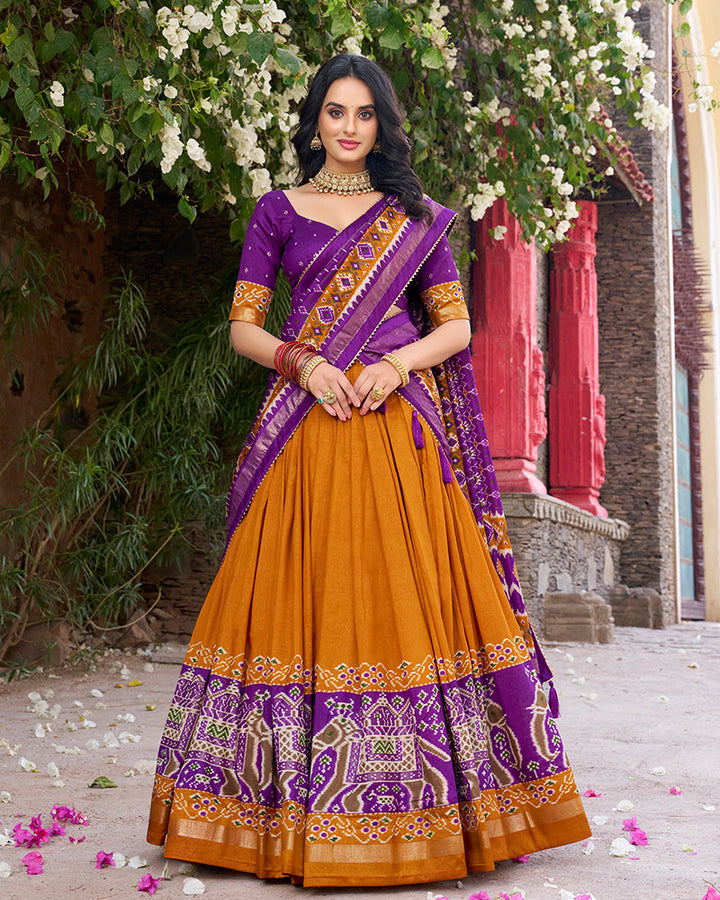 Designer Patola Printed Mustard Color Tussar Silk Lehenga Choli