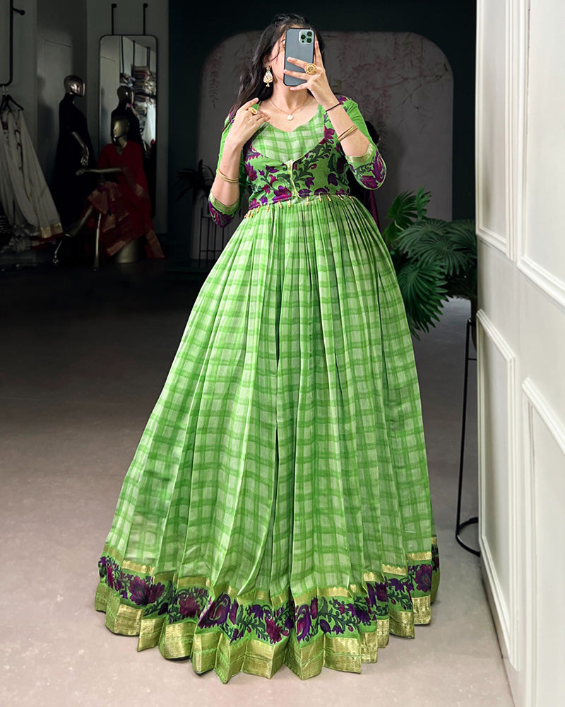 Designer Parrot Green Color Polyster Viscose Chanderi Gown