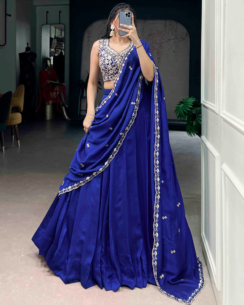 Royal Blue Color P.C. Kashmiri Embroidered Lehenga Choli