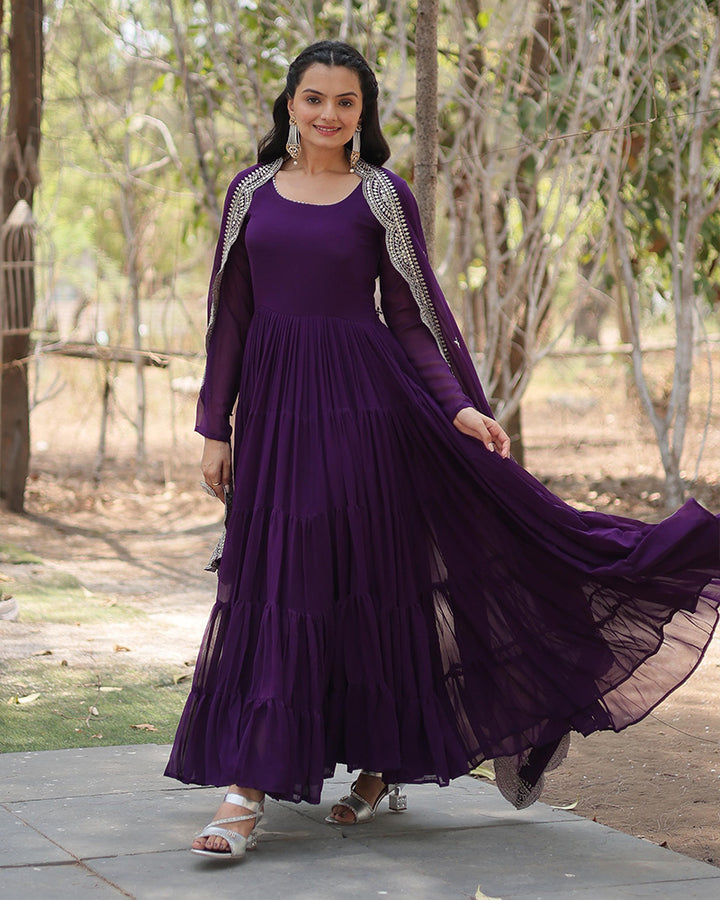 Purple Color Faux Blooming Gown With Embroidered Dupatta