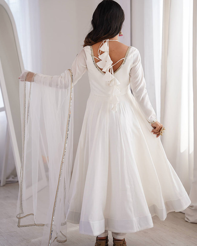 White Color Chanderi Roman Silk Three Piece Anarkali Suit