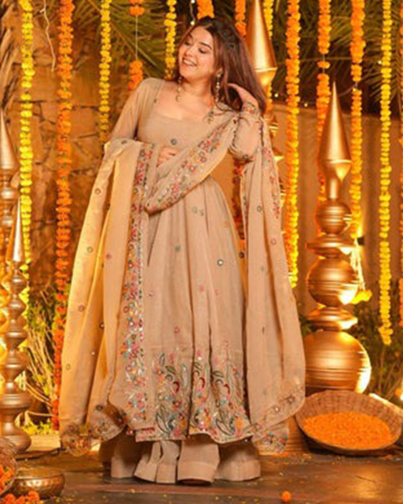Cream Color Crunchy Silk Embroidered Sharara Suit