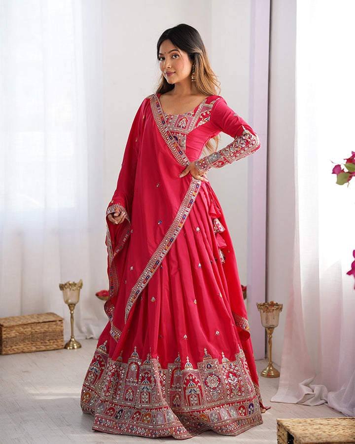 Designer Tomato Color Natural Crepe silk Lehenga Choli