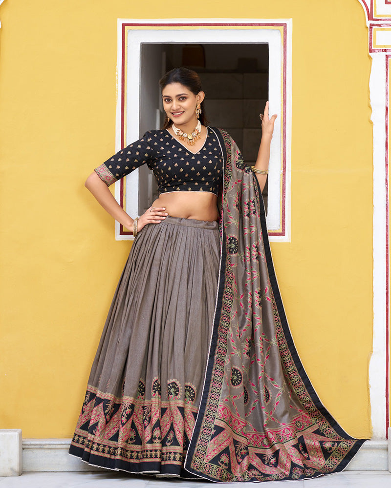 Black Color Tasar Silk Printed Sparkle Lehenga Choli