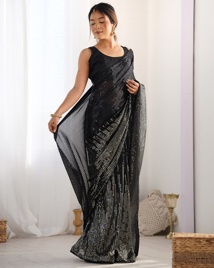 Black Color Heavy Georgette Sequence Embroidered Saree