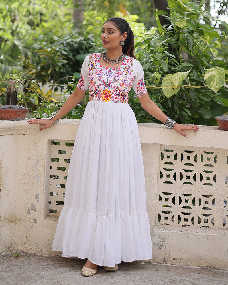 Navratri Wear White Rayon Gamthi Work Gown
