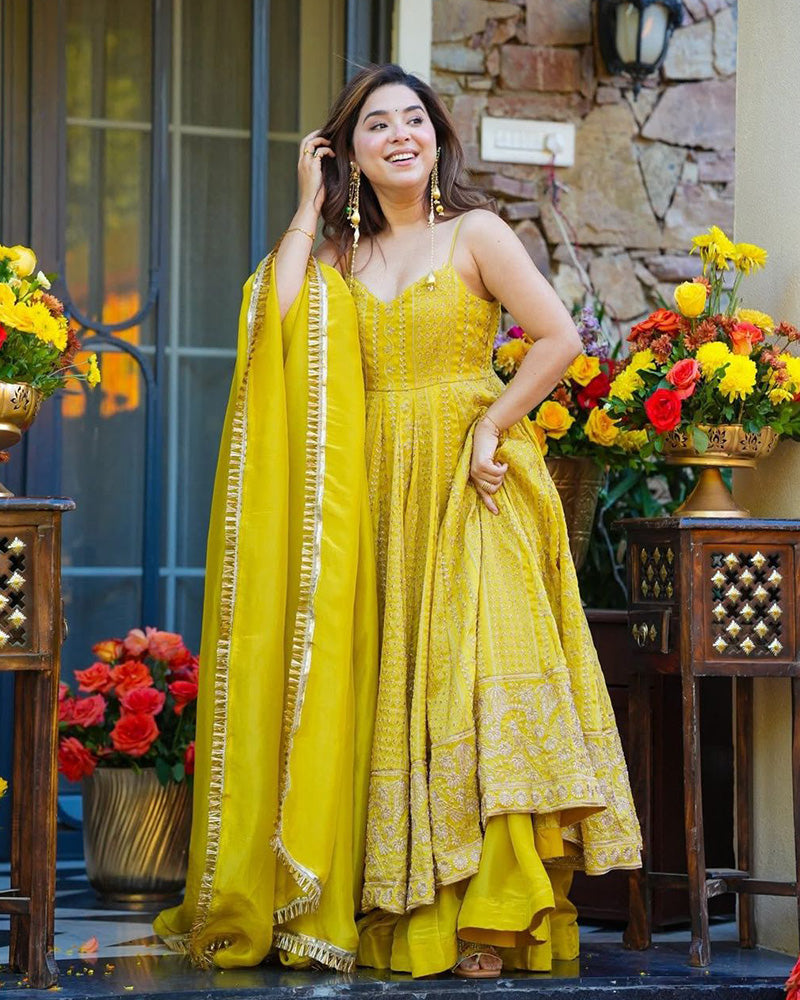 Yellow Color Tebby Organza Embroidered Sharara Suit