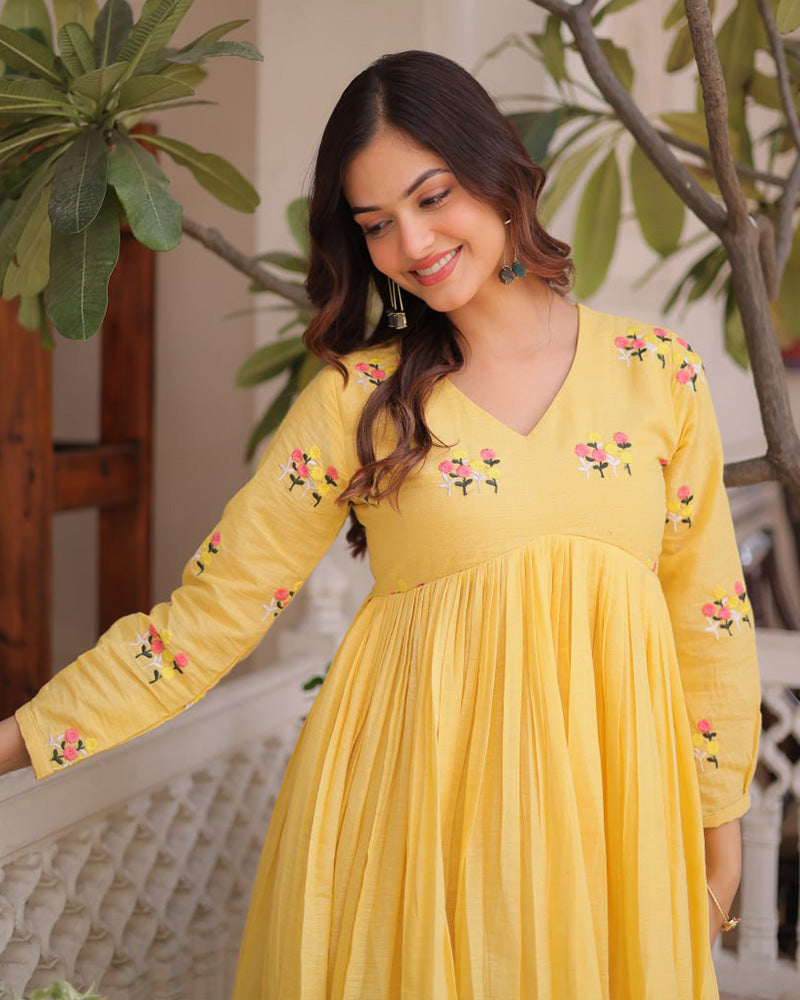 Yellow Color Pure Cotton Embroidered Kurti Suit