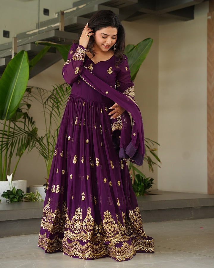 Purple Color Designer Blooming Embroidered Gown
