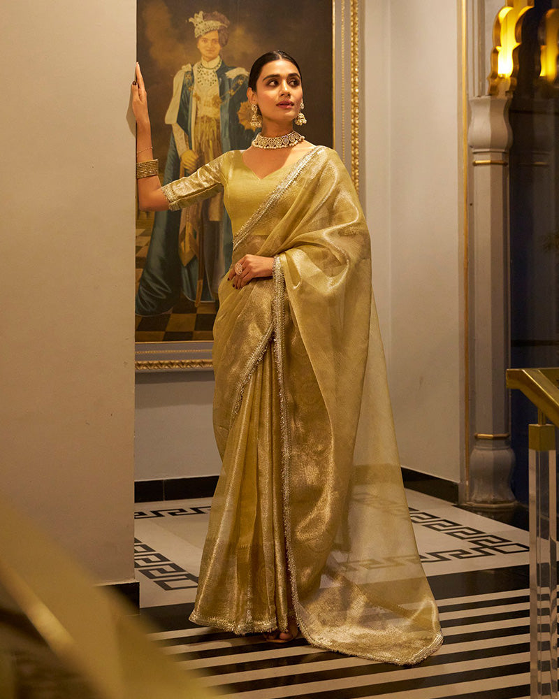 Designer Golden Color Weightless Tissue Shimmer Saree