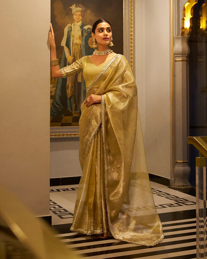Designer Golden Color Weightless Tissue Shimmer Saree