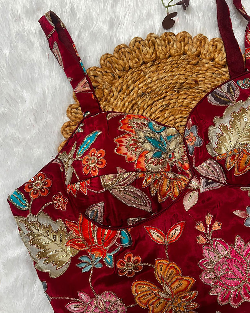 Maroon Color Rumali Silk Embroidered Spaghetti Blouse