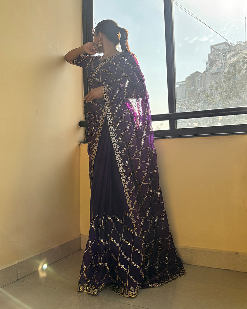 Purple Color Space Silk Embroidered Saree