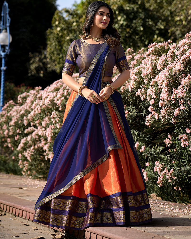Orange Color Kanchipuram Silk Designer Half Saree