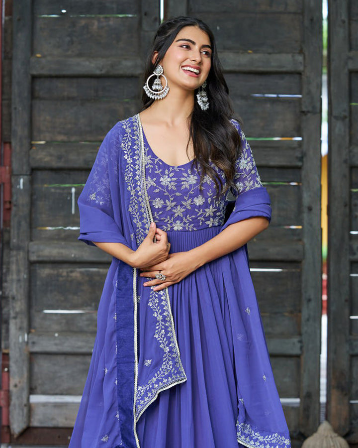 Elegant Purple Embroidered Blooming Style Designer Gown