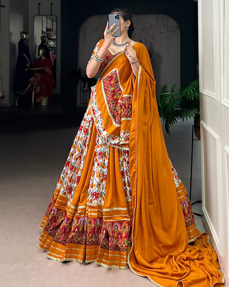 Mustard Color Rayon Printed Gamthi Work Navratri Lehenga Choli