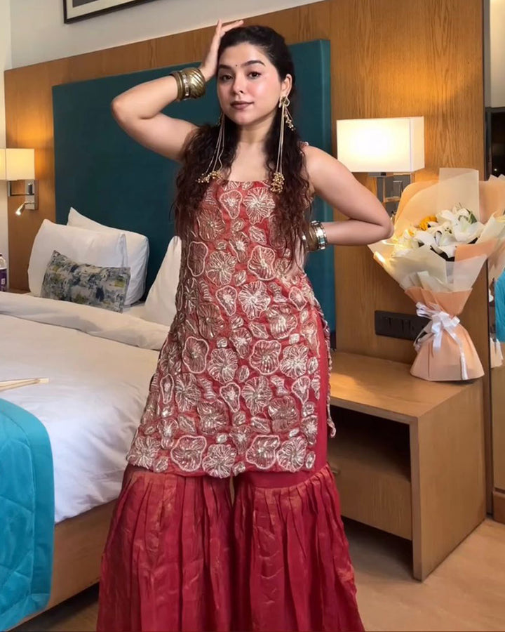 Rust Orange Color Shimmer Silk Sharara Suit