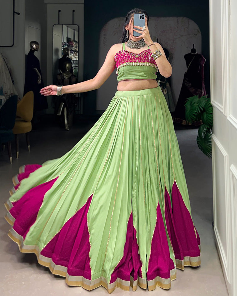Parrot Green & Magenta Color Pure Rayon Mirror Work Navratri Lehenga Choli
