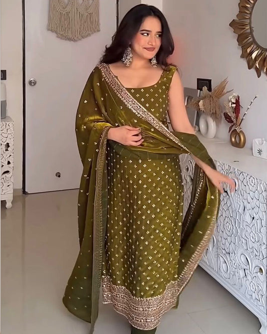 Mehndi Color Fendy Silk Embroidered Kurti Suit