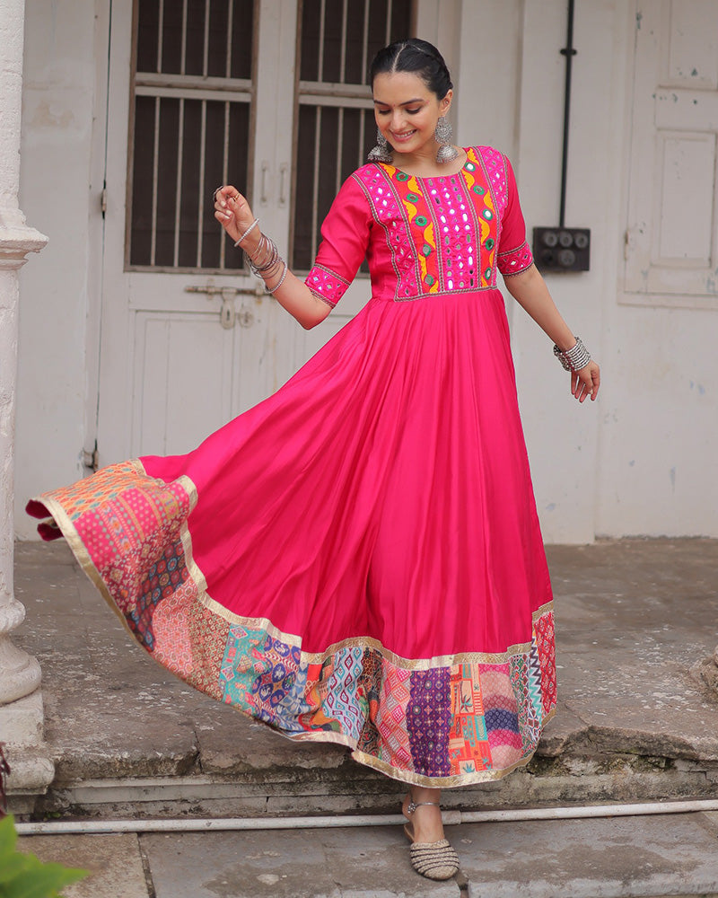 Vibrant Pink Color Ethnic Gamthi Work Navratri Gown