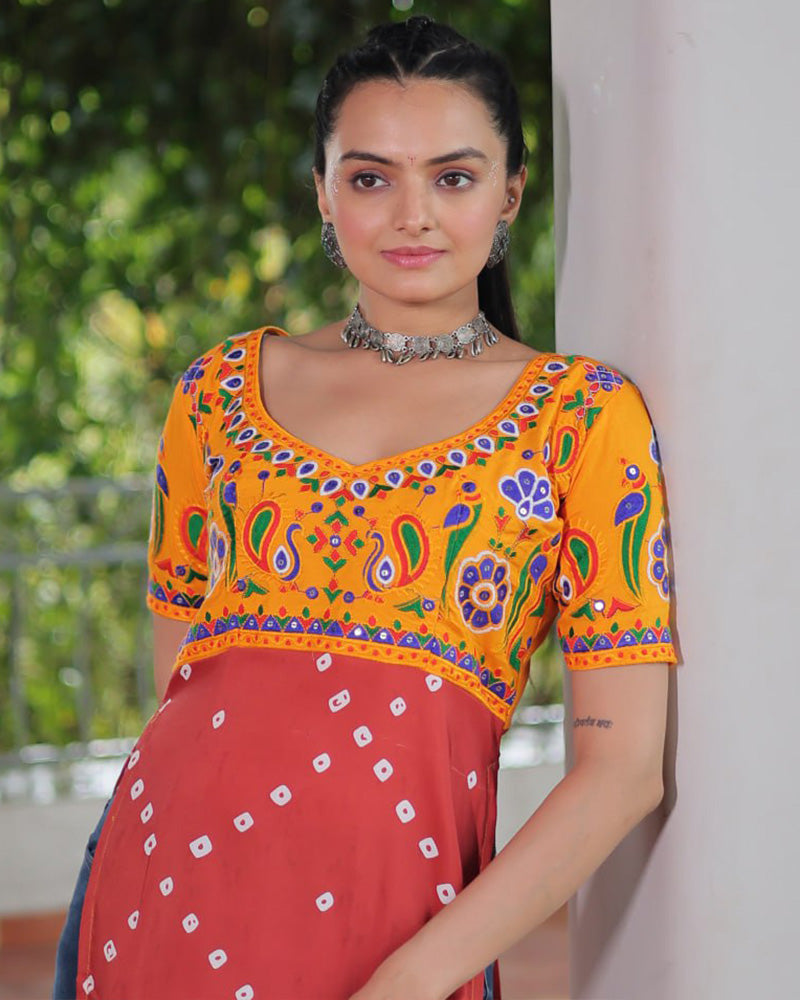 Navratri Special Rust Orange Color Rayon Kutchi Work Kurti