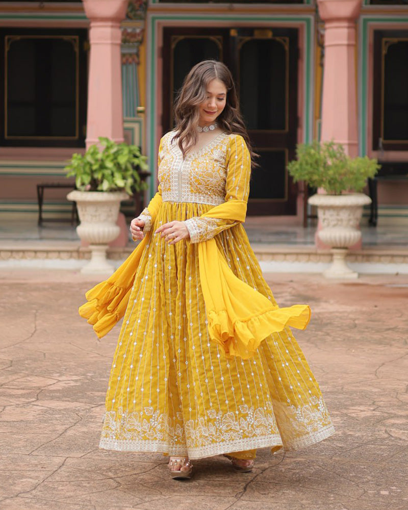 Yellow Color faux Georgette Embroidered Sharara Suit